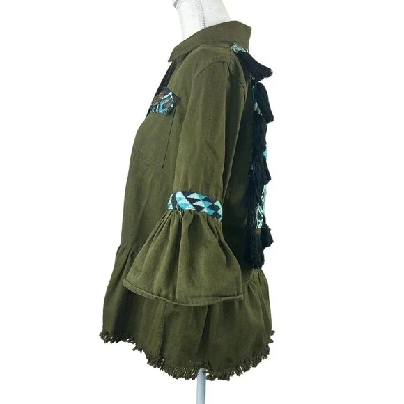 Beautiful Stories Anthropologie Inika Olive Green Utility Jacket S Embroidered - Picture 10 of 16